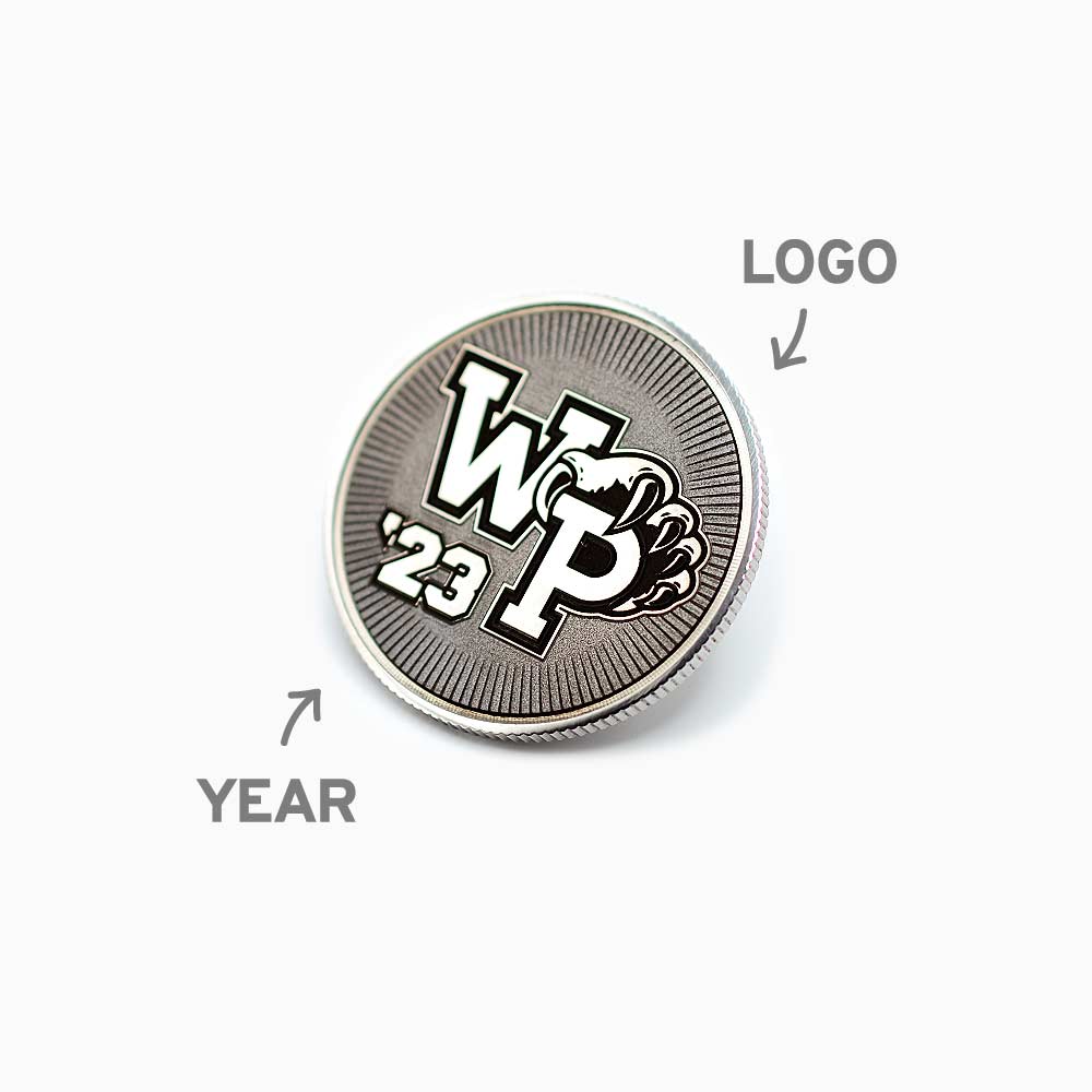 Graduation Coin with School Logo and Graduation Year 40mm Stainless Steel Laser Engraved 3/4 view With Call Outs